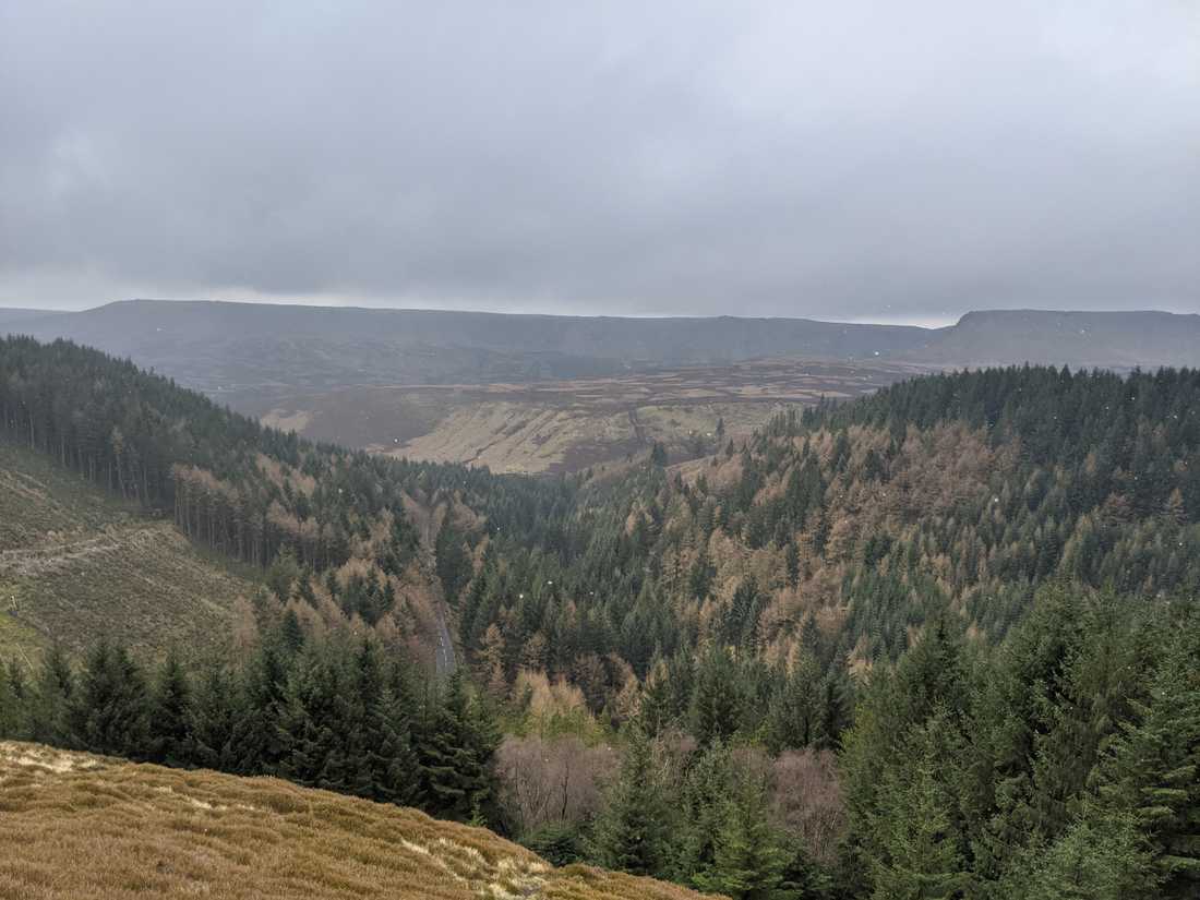 Steep climb from the road in a light sprinkling of snow